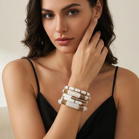 Gold Plated Beaded Bangles Set Chunky Bamboo Tube Curved Stacking Bracelets Clear Acrylic Colorful Beads Stretchable Jewelry for Women in Saudi Arabia