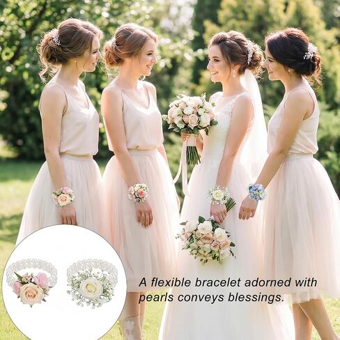 Skrfren 8 Pcs Corsage Wristlet Pearl Wrist Corsage Bands Wrist Corsages Bracelets Elastic Double-Strand Pearl Corsages Wristlet Band for Women Wedding Party Decorations DIY Handmade Flower Supplies in Kuwait