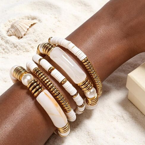 Gold Plated Beaded Bangles Set Chunky Bamboo Tube Curved Stacking Bracelets Clear Acrylic Colorful Beads Stretchable Jewelry for Women in Saudi Arabia