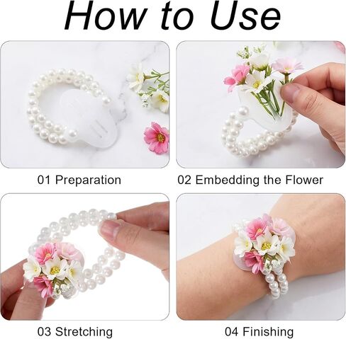 Skrfren 8 Pcs Corsage Wristlet Pearl Wrist Corsage Bands Wrist Corsages Bracelets Elastic Double-Strand Pearl Corsages Wristlet Band for Women Wedding Party Decorations DIY Handmade Flower Supplies in Kuwait
