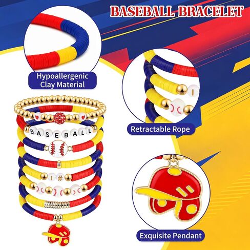 Baseball Clay Beaded Stretch Bracelets, Game Day Friendship Hypoallergenic Baseball Sport Fan Bracelet for for Sports Game Team Coach Mom Women Men Jewelry Accessories Gifts Red Blue and Yellow in Saudi Arabia