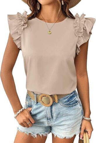 JUSTFASHIONNOW Womens Ruffle Short Sleeve Tops Summer Trendy Casual T Shirts 2026 Crew Neck Cute Tee Tops Dressy Blouses in Saudi Arabia