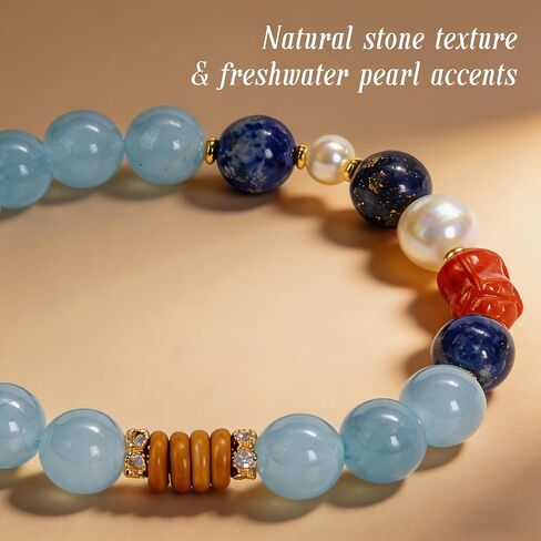 Natural Chalcedony and Lapis Lazuli Bracelet for Women Men, Handmade Mixed Blue Gemstone Beaded Bracelet for Balancing Energy, Minimalist Spiritual Healing Crystal Bracelet for Stress Relief, Wealth Stretch Bracelet Gift for Her, Gift-Ready Packaging in Saudi Arabia