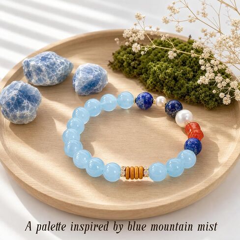 Natural Chalcedony and Lapis Lazuli Bracelet for Women Men, Handmade Mixed Blue Gemstone Beaded Bracelet for Balancing Energy, Minimalist Spiritual Healing Crystal Bracelet for Stress Relief, Wealth Stretch Bracelet Gift for Her, Gift-Ready Packaging in Saudi Arabia