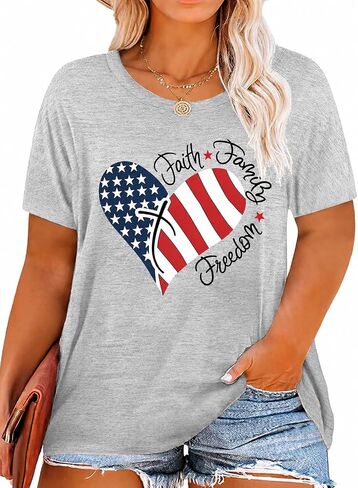 BLANCHES Plus Size American Flag Shirts Women Sequin USA Shirt 4th of July Tshirt Loose Patriotic Stars Graphic Tees Tops in Saudi Arabia