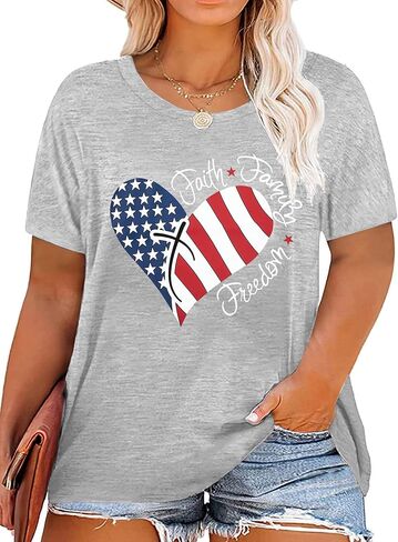 BLANCHES Plus Size American Flag Shirts Women Sequin USA Shirt 4th of July Tshirt Loose Patriotic Stars Graphic Tees Tops in Saudi Arabia