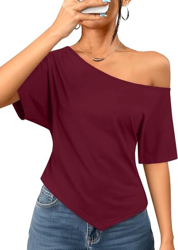 LilyCoco Off The Shoulder Tops for Women Asymmetrical Short Sleeve Going Out T Shirts in Saudi Arabia