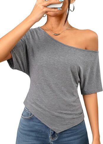 LilyCoco Off The Shoulder Tops for Women Asymmetrical Short Sleeve Going Out T Shirts in Saudi Arabia