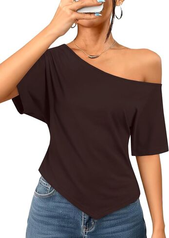 LilyCoco Off The Shoulder Tops for Women Asymmetrical Short Sleeve Going Out T Shirts in Saudi Arabia