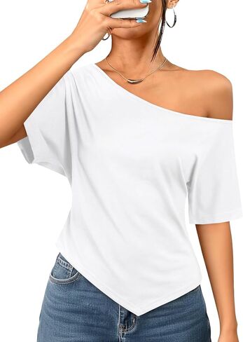 LilyCoco Off The Shoulder Tops for Women Asymmetrical Short Sleeve Going Out T Shirts in Saudi Arabia