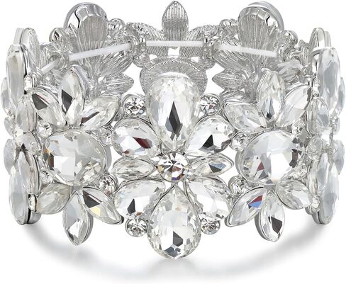 EVER FAITH Wedding Prom Bracelet for Women, Oval Cut Teardrop Rhinestones Crystal Cluster Floral Stretch Wide Bracelet Jewelry for Brides Bridesmaid in Kuwait