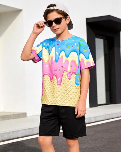Boys 3D Graphic Shirts Kids Neon Short Sleeve T-Shirt Summer Cool Crewneck Tees Top 7-14 Years in Saudi Arabia