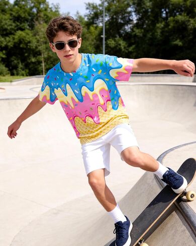 Boys 3D Graphic Shirts Kids Neon Short Sleeve T-Shirt Summer Cool Crewneck Tees Top 7-14 Years in Saudi Arabia