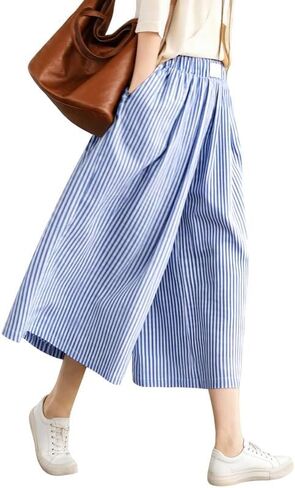 Marvmys Women's Cotton Capri Pants Striped Elastic Waist Casual Wide Leg Palazzo Culottes Pants with Pockets S-2XL in Saudi Arabia