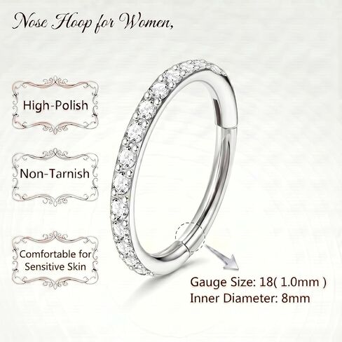 Staligue Nose Hoop ring - 316L Surgical Steel Nose Ring 16/18/20G Hinged Diamond Nose Ring Hoop Septum Clicker Rings Cartilage Earring Helix Rook Tragus Daith Piercing Jewelry for Women 6MM/8MM/10MM/12MM in Saudi Arabia