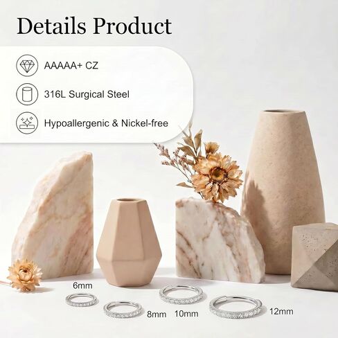 Staligue Nose Hoop ring - 316L Surgical Steel Nose Ring 16/18/20G Hinged Diamond Nose Ring Hoop Septum Clicker Rings Cartilage Earring Helix Rook Tragus Daith Piercing Jewelry for Women 6MM/8MM/10MM/12MM in Saudi Arabia