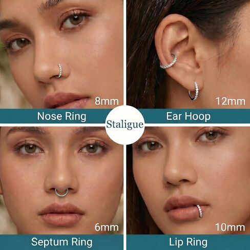 Staligue Nose Hoop ring - 316L Surgical Steel Nose Ring 16/18/20G Hinged Diamond Nose Ring Hoop Septum Clicker Rings Cartilage Earring Helix Rook Tragus Daith Piercing Jewelry for Women 6MM/8MM/10MM/12MM in Saudi Arabia