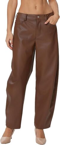 SCOFEEL Faux Leather Barrel Pants for Women Coated PU Button Relax Fit Stretch Baggy Trousers Wide Leg Pants with Pockets in Saudi Arabia