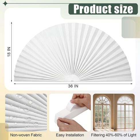 4 Pcs Arch Window Shade Radius 18 Inch Half Circle Arched Non-Woven Filtering Pleated Shades Self-Adhesive Half Moon Round Window Covering Pleated Blinds for Front Door, Curtains 40%-60% in Saudi Arabia