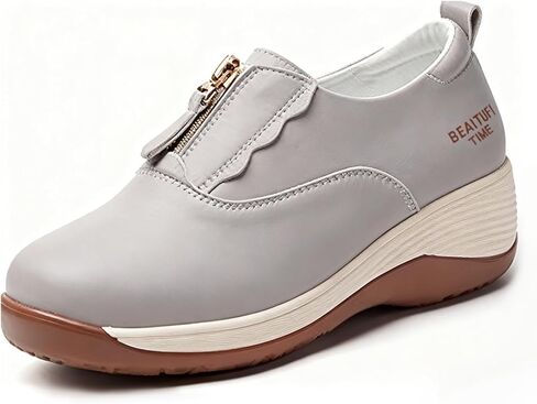 Women's Leather Orthopedic Platform Sport Loafers with Front Zipper Comfort Round Toe Slip On Anti-Slip Outdoor Sneakers Fashion Casual Walking Office Shoes in Saudi Arabia