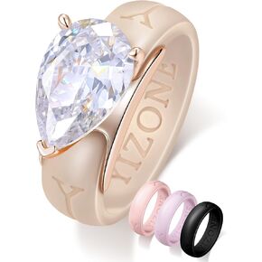Silicone Ring with Stone Interchangeable Charm with Silicone Bands Set–Comfortable Everyday Workout Travel Ring, 4 Colors Included, Cubic Zirconia Pear Cut, Patent Pending Design in Saudi Arabia