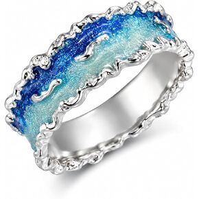 Ocean Wave Ring for Women Irregular Edge Silver Tone Ring Gradient Blue Enamel Nature Inspired Statement Beach Summer Vacation Jewelry in Kuwait