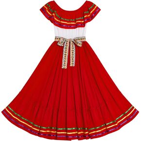 ABEHIK Women Mexican Dress Traditional Off Shoulder Folk Ruffle Drape Dresses with Belt Cinco De Mayo Fiesta Party Outfit in Saudi Arabia
