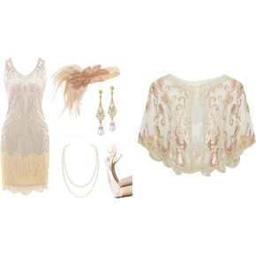 BABEYOND Women’s Flapper Dresses Set 1920s V Neck Beaded Fringed Great Gatsby Dress with Accessories Set Shawl Wraps Sequin Beaded Evening Cape Bridal Shawl in Kuwait