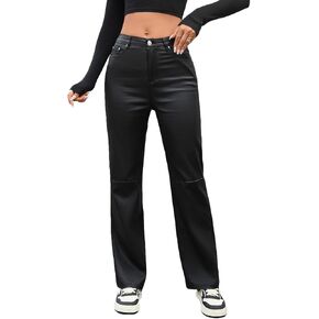 LY VAREY LIN Women Faux Leather High Waist Straight Leg Pants with Pockets Bell Bottom Flare Pants in Saudi Arabia