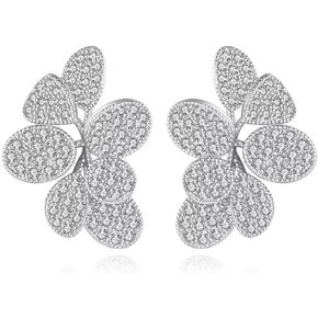 Silver Cubic Zirconia Flower Earrings for Women，Statement Leaf Jewelry Gift for Wedding Prom Party in Saudi Arabia