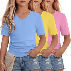 3 Pack Girls' Short Sleeve T Shirts V Neck Slim Fitted Tops 5-14 Years Stretchy Basic Summer Tees for Kids Teens in Kuwait
