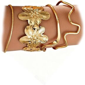 Gold Chunky Stackable Flower Bangle for Women,Trendy Boho Floral Open Cuff Bracelet Set,Fashion Spring Outfit Accessories Birthday Jewelry Gift in Saudi Arabia