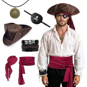 6PCS Pirate Costume Accessories for Men Women Pirate Costume Set Include Hat Bandana Sash Eye Patch bracelet Necklace in Kuwait