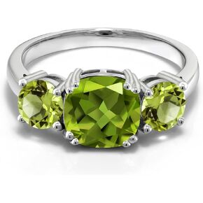 Gem Stone King 3.45 Cttw Green Peridot 3-Stone Engagement Ring For Women | 925 Sterling Silver | Gemstone August Birthstone | Cushion 8MM | 3 Stone Wedding Anniversary Promise Ring in Saudi Arabia
