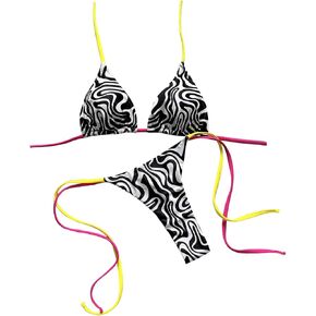 RoseSeek Women's Zebra Striped Print Bikini Sets 2 Piece Contrast Strap Triangle Halter Swimsuits in Kuwait