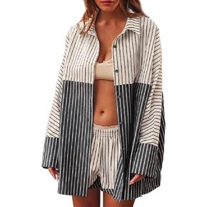 Womens Oversized Button Down Shirt Casual Striped Long Sleeve Dress Shirts Loose Collared Blouses Boyfriend Tops in Saudi Arabia