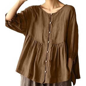 Womens Cotton Gauze Button Down Shirts Summer Crew Neck Babydoll Tops Dressy Casual Loose Fit 3/4 Sleeve Blouses in Saudi Arabia