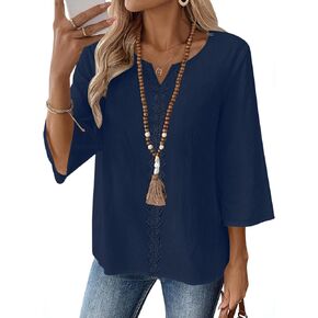AKEWEI Womens 3/4 Sleeve Cotton Linen V Neck Lace Tops Casual Loose Fit Summer Fall Blouses Boho Fashion in Saudi Arabia