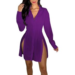 shengfan Women's Casual Long Sleeve Button Down Shirt Dress Collar V Neck Loose Slit Sexy Blouse Mini Dresses in Saudi Arabia