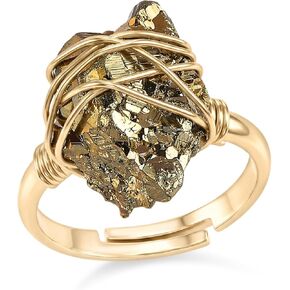 PHNX Genuine Raw Pyrite Stone Ring for Women Men - Gold-Tone Wire Wrapped Adjustable Crystal Finger Ring - Handmade Boho Natural Stone Jewelry, Fits Sizes 6-8 in Saudi Arabia