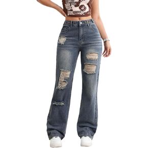 Women's High Waisted Distressed Wide Leg Jeans - Dark Wash Ripped Baggy Denim Pants with Vintage Fading in Saudi Arabia