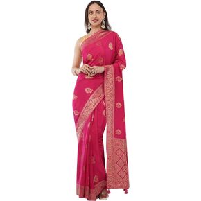 Women's Banarasi Art Silk Saree with Unstitched Bloue Piece Golden Zari Work Tassels in Kuwait