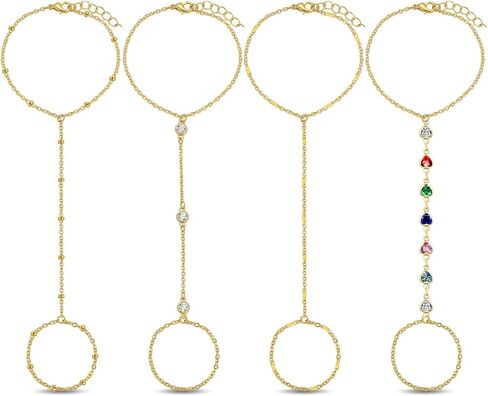 14K Gold-Plated/silvery Stack Ring Bracelet set Hand Chain for Women | Stack Bracelets Set Adjustable, Trendy Dainty Ring Bracelet Hand Chain, Finger Ring Bracelet with Crystal Accents in Saudi Arabia