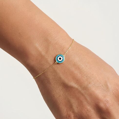 Floreo 14k Yellow Gold 12.3mm Blue Turquoise Enamel Evil Eye Charm Link Bracelet, Extendable 6.25" - 7 Inch in Saudi Arabia