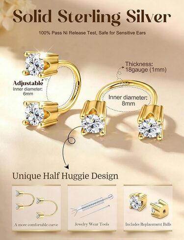 Kakonia 14K Gold Plated 925 Sterling Silver Posts Double Half Huggie Earrings Jacket Pack for Women Loop Hoop Backless Earring Stack Set Small Cubic Zirconia Screwback Studs Mother's Day Jewelry Gifts in Saudi Arabia