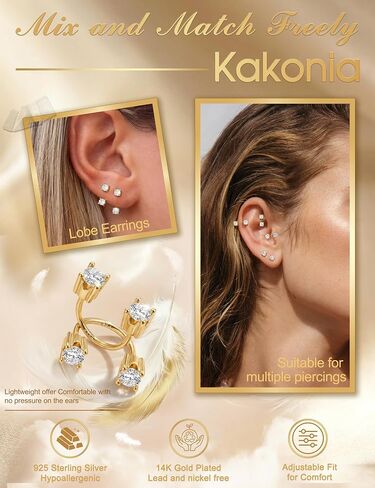 Kakonia 14K Gold Plated 925 Sterling Silver Posts Double Half Huggie Earrings Jacket Pack for Women Loop Hoop Backless Earring Stack Set Small Cubic Zirconia Screwback Studs Mother's Day Jewelry Gifts in Saudi Arabia