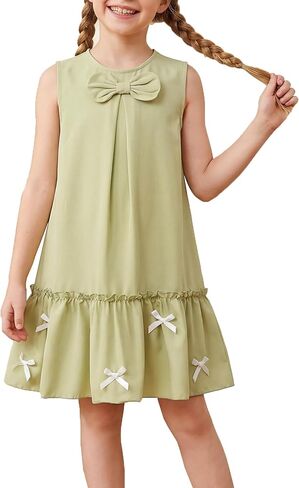 Girls Summer Sundress Ruffle Bowknot A-Line Casual Birthday Party Dress for Little Kids 5-12 Y in Saudi Arabia