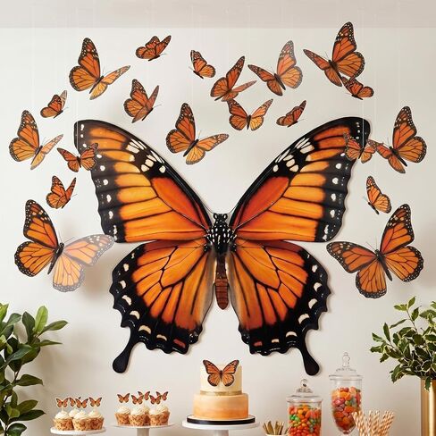 Tingjoo 21 Pcs Large Butterfly Decorations Kit 3D Monarch Butterfly Party Backdrop Decorations and 20 Pcs Hanging Butterflies Photo Booth Props for Baby Shower Wedding Garden Birthday Party in Kuwait