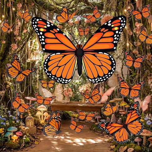 Tingjoo 21 Pcs Large Butterfly Decorations Kit 3D Monarch Butterfly Party Backdrop Decorations and 20 Pcs Hanging Butterflies Photo Booth Props for Baby Shower Wedding Garden Birthday Party in Kuwait