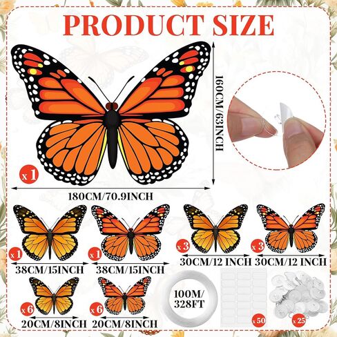 Tingjoo 21 Pcs Large Butterfly Decorations Kit 3D Monarch Butterfly Party Backdrop Decorations and 20 Pcs Hanging Butterflies Photo Booth Props for Baby Shower Wedding Garden Birthday Party in Kuwait